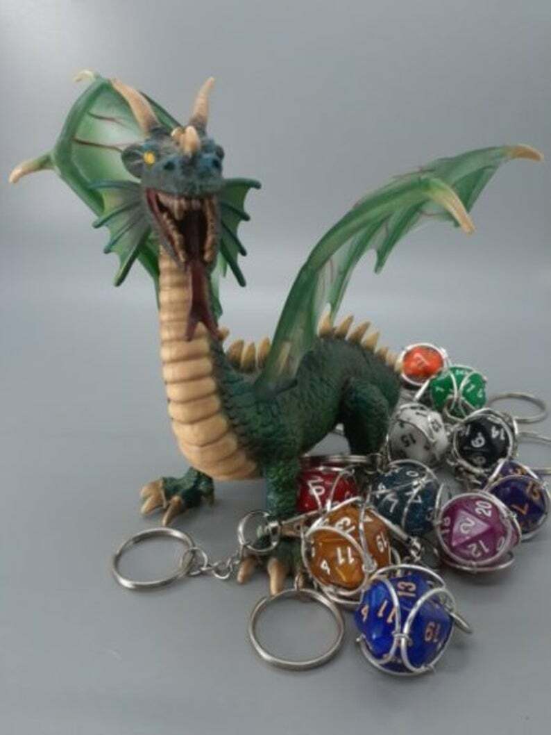 DND Dice Keychain | Removable Caged D20 | Role Playing Game Accessory | Handmade