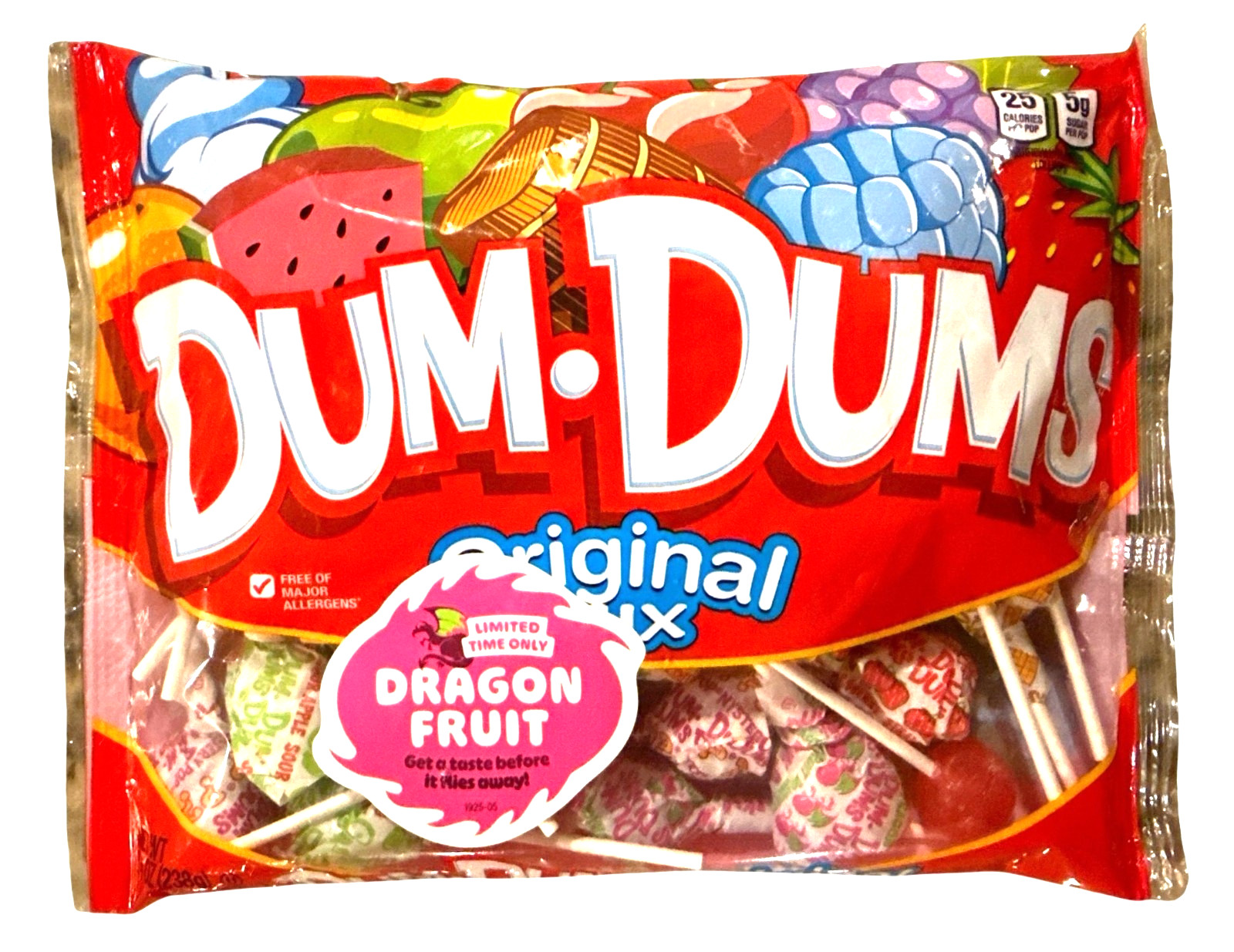 8.25 oz Bag Candy Pops DUM DUMS ORIGINAL MIX w/ Lmtd.Ed. DRAGON FRUIT Lollipops