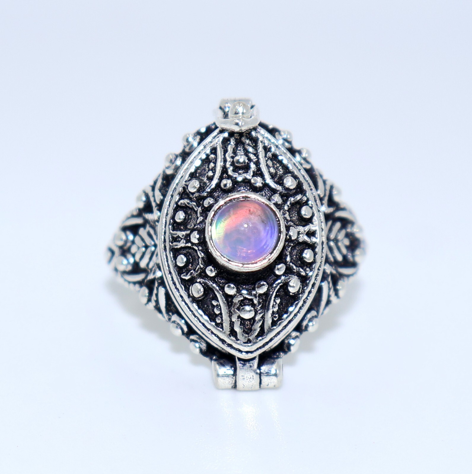 Aurora Opal Stone Poison Ring, 925 Silver Platted, Marquise Shape Ring