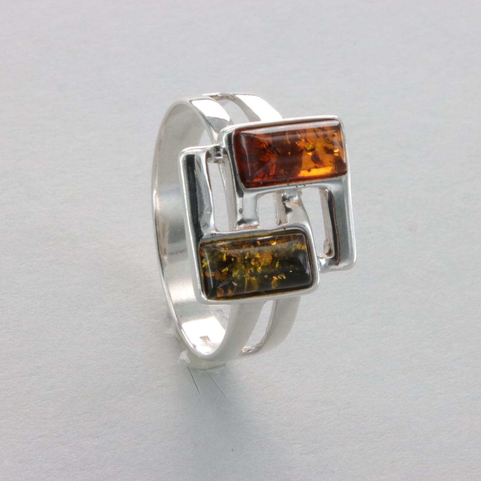 Twin Multi-Color Square Rectangle BALTIC AMBER Ring - 925 STERLING SILVER #36e