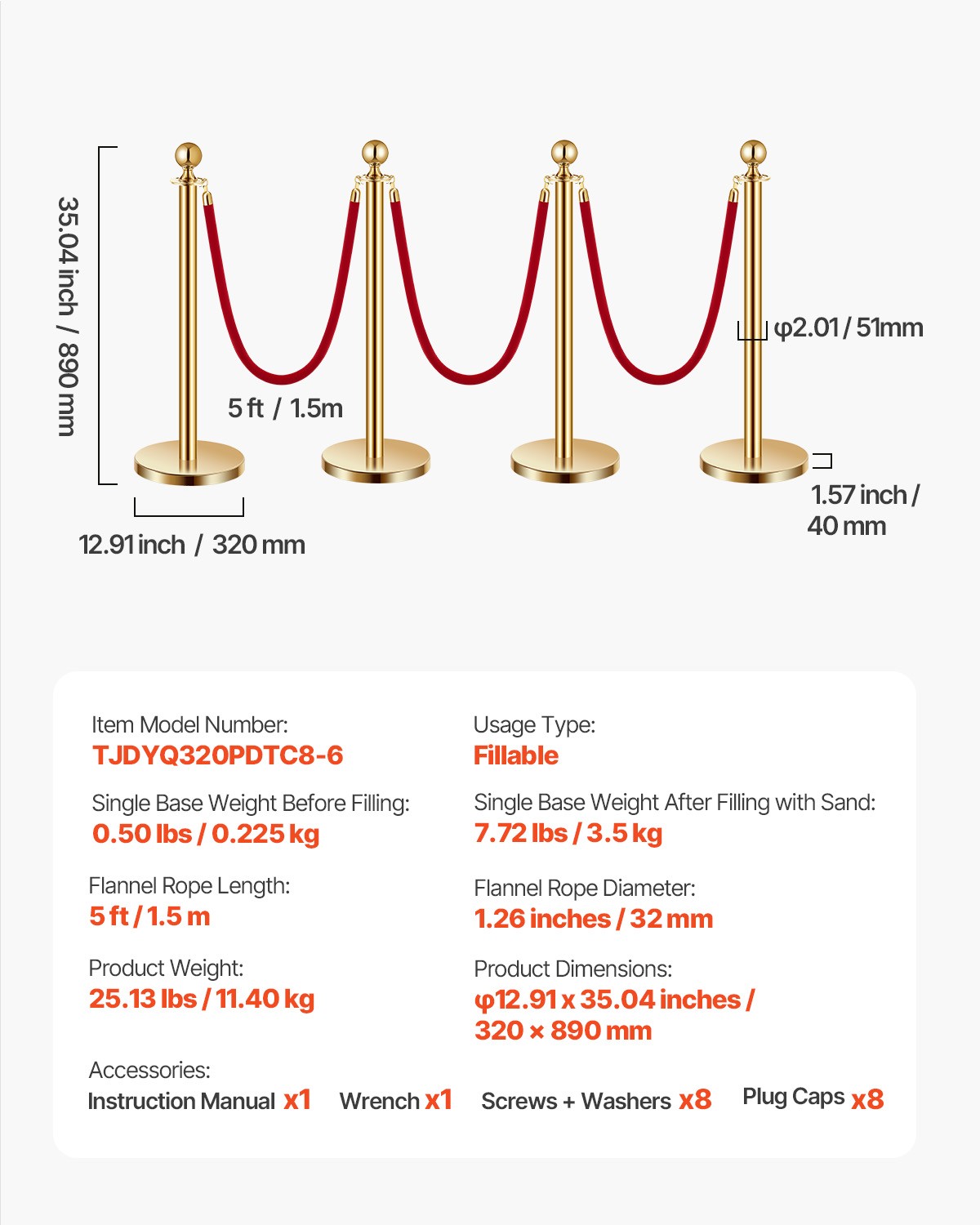 VEVOR 8Pcs Stanchion Post Queue Barrier Crowd Control Sand Injection Base Gold