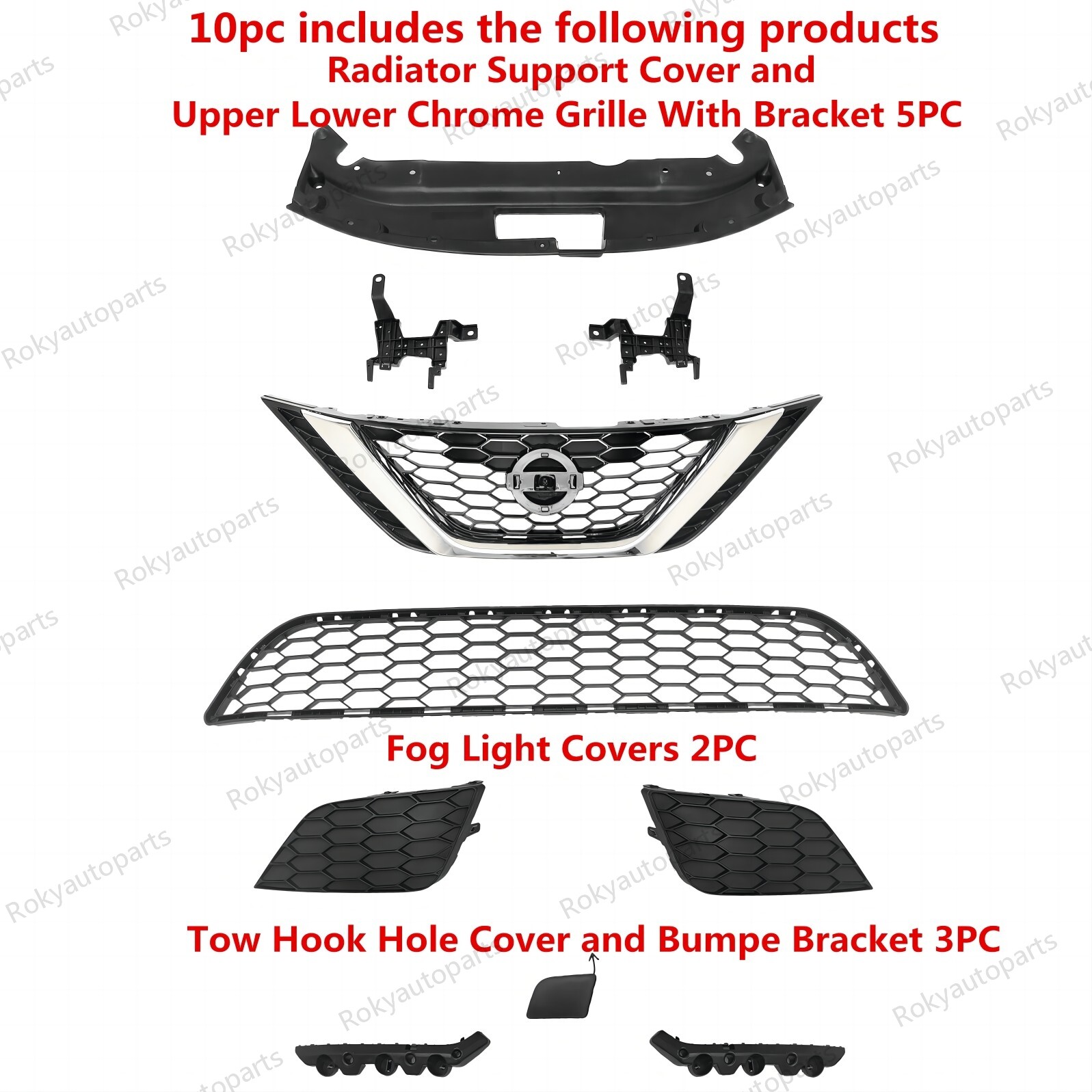 10PC For Sentra 2016-2019 Front Bumper Upper Chrome Grille Brackets Lower Mesh