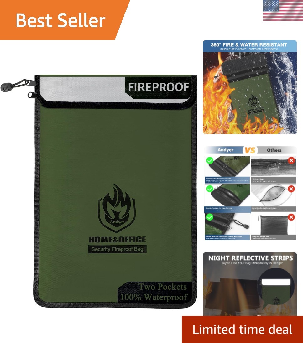 Fireproof & Waterproof Document Bag 15”x11”, Dual Pocket Organizer for Valuables