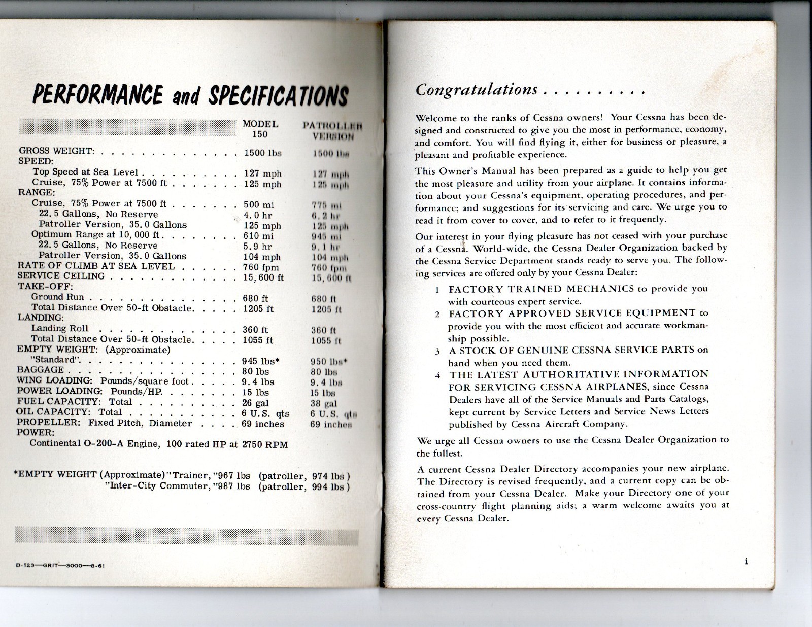 Original 1962, 150B Cessna Owner's Manual