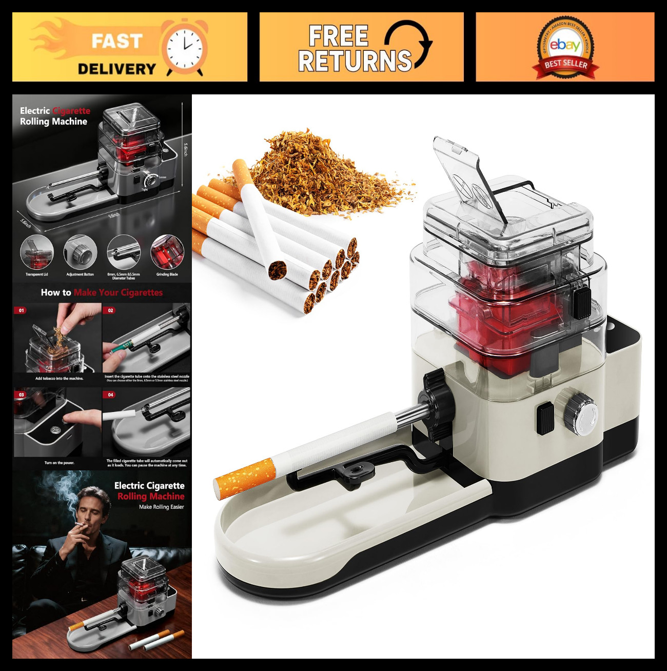Automatic Electric Cigarette Rolling Machine & Tobacco Grinder, Portable for 8mm