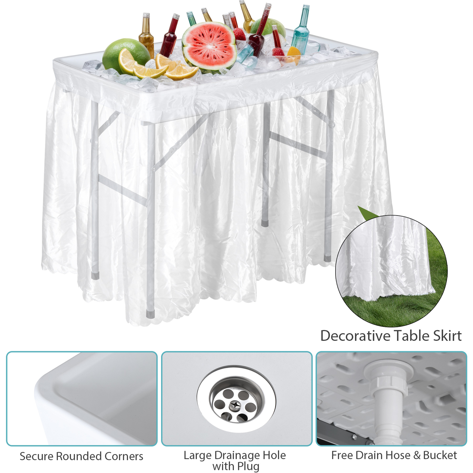Plastic Folding Ice Cooler Table Tailgating Table w/ Matching Skirt Drain Hose