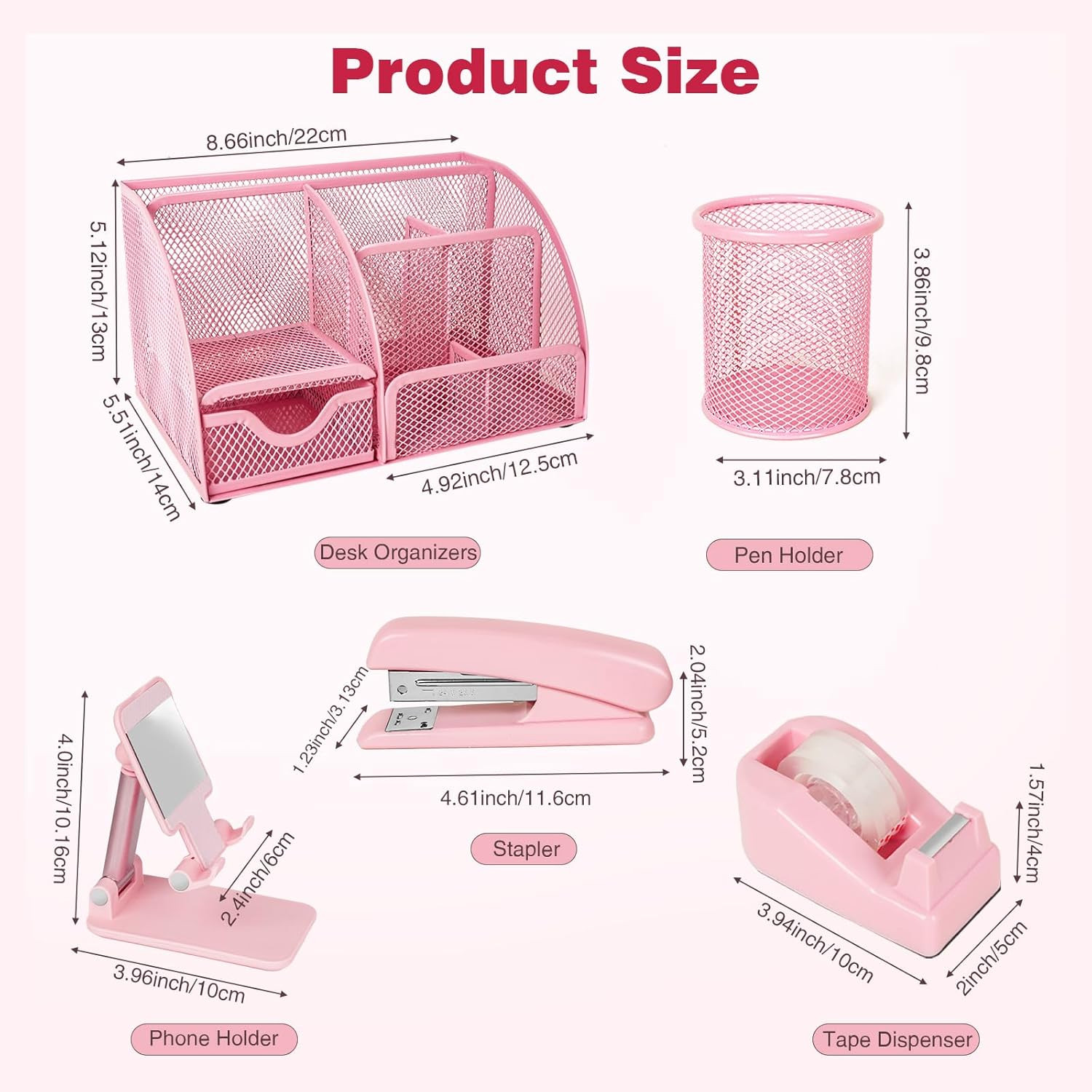 15-Piece Pink Desk Organizer Set with Stapler, Clips, Ruler, and Accessories