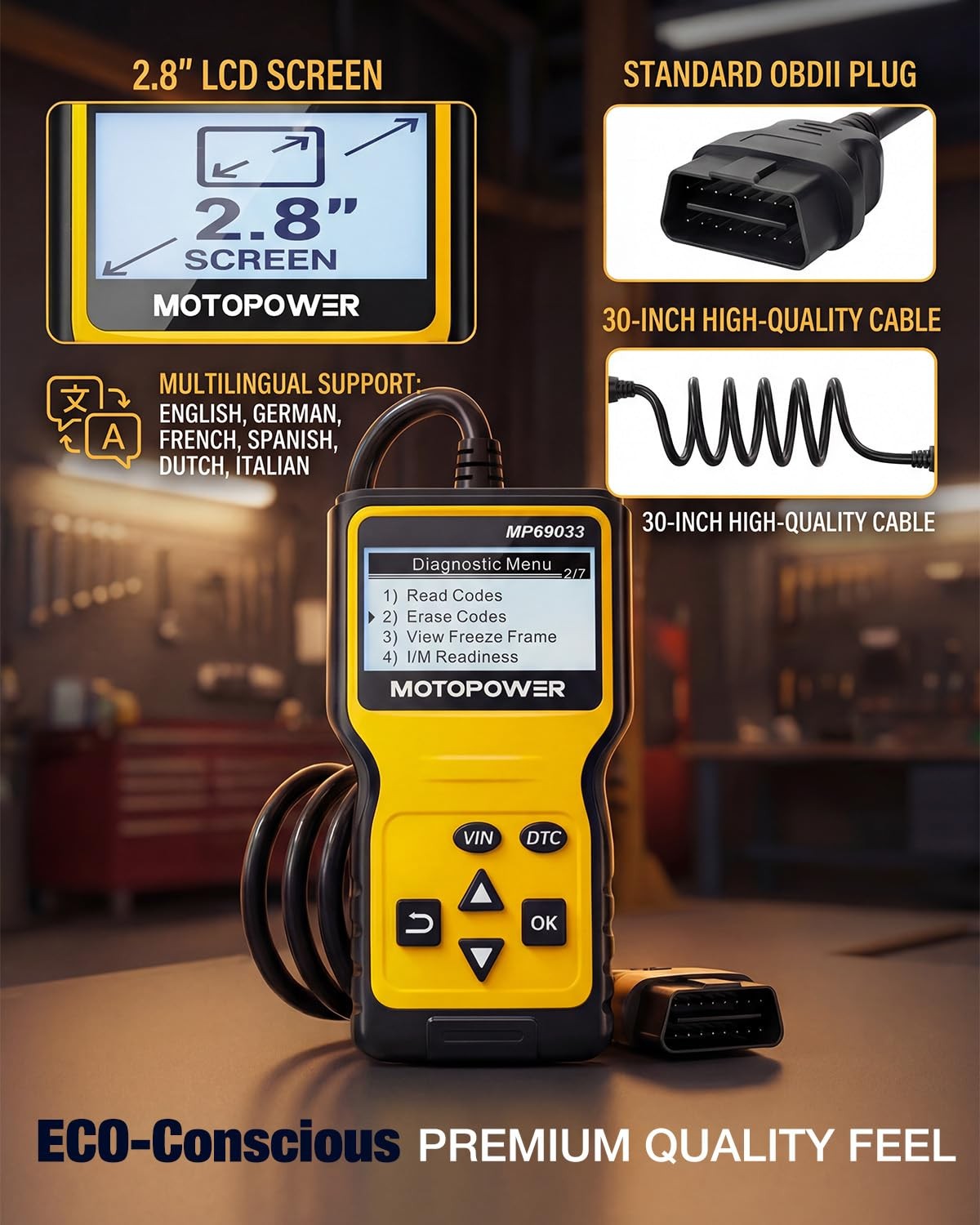 MOTOPOWER MP69033 Car OBD2 Scanner Code Reader Engine Fault Portable, Yellow