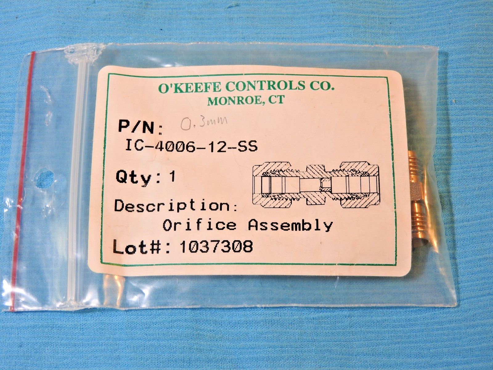 New O'Keefe 1/4" Swagelok, 316 SS,  .012" Orifice Assembly, IC-4006-12-SS - New