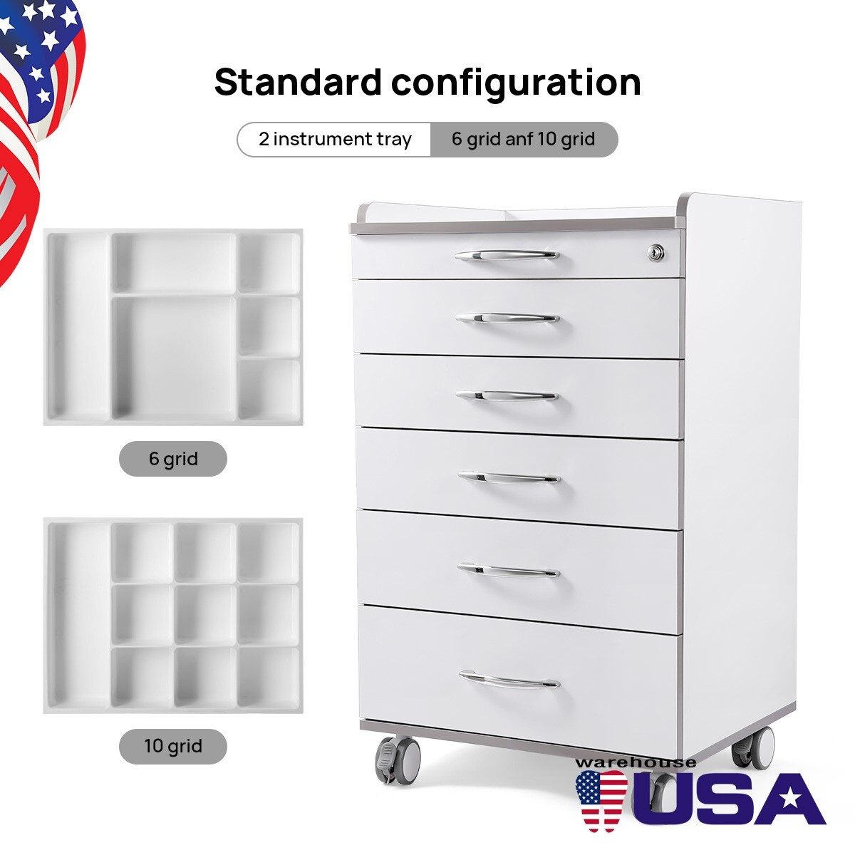 5 Drawers Dental Medical Storage Cabinet Mobile Rolling Utility Storage Cart