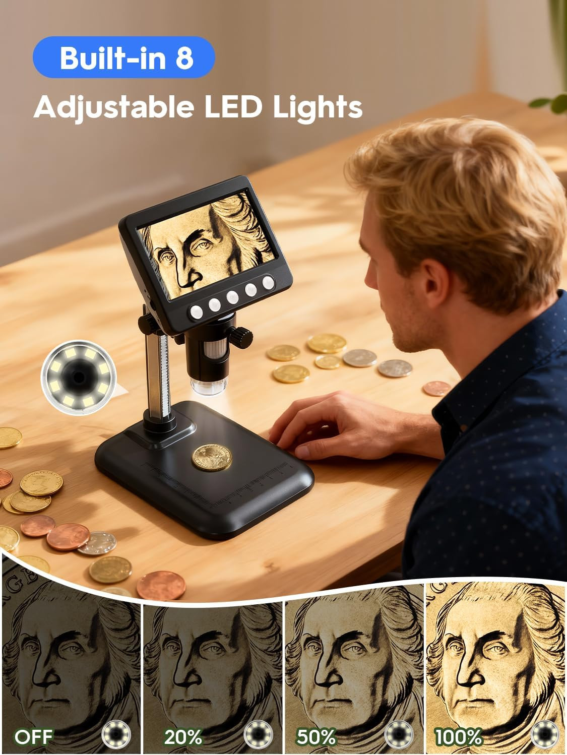 Coin Microscope, 4.3" LCD USB Digital Microscope 1000X Coin Magnifier with 8 Adj
