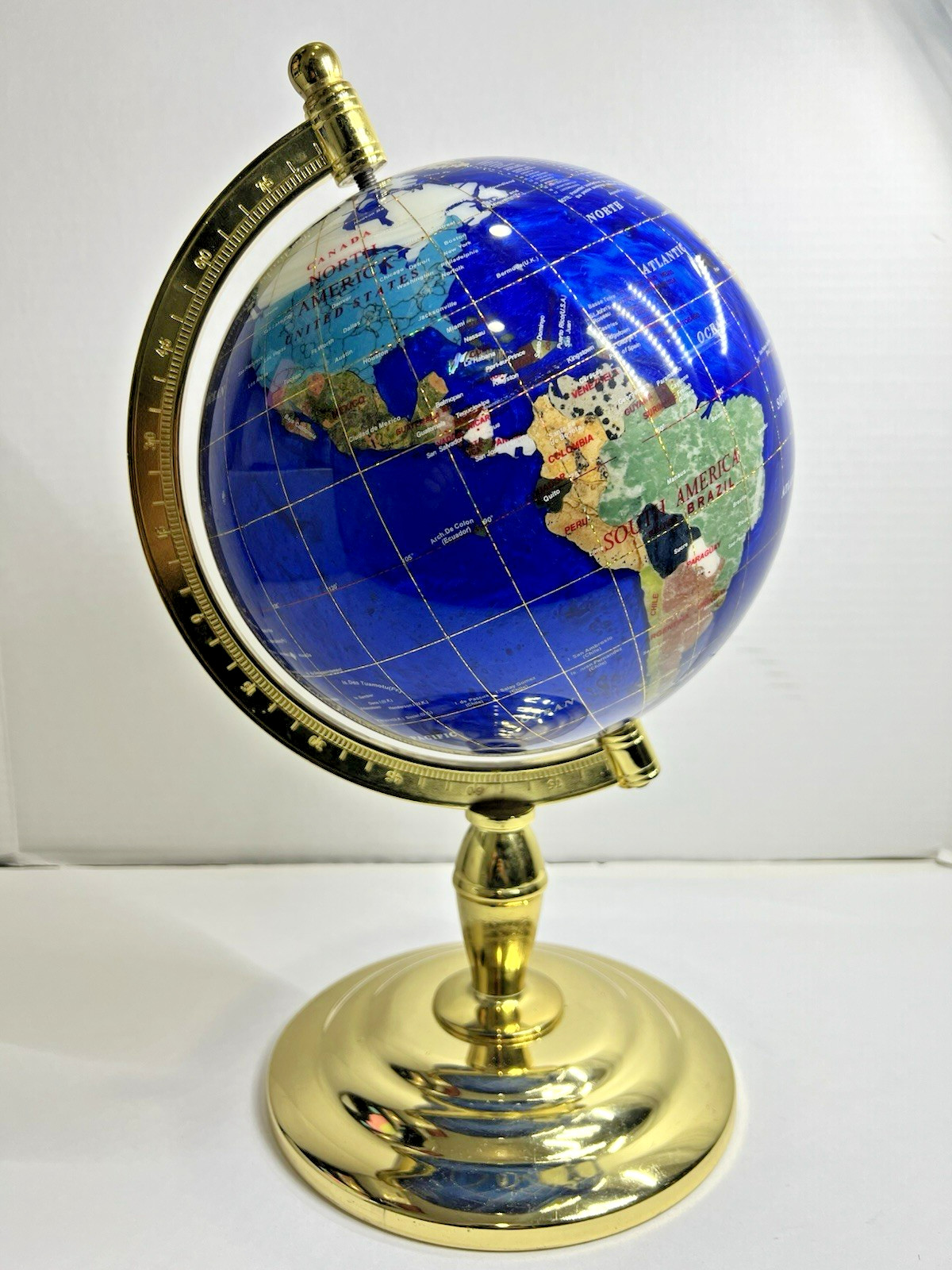 Large Blue Lapis Gemstone World Globe 16" Tall Brass Stand