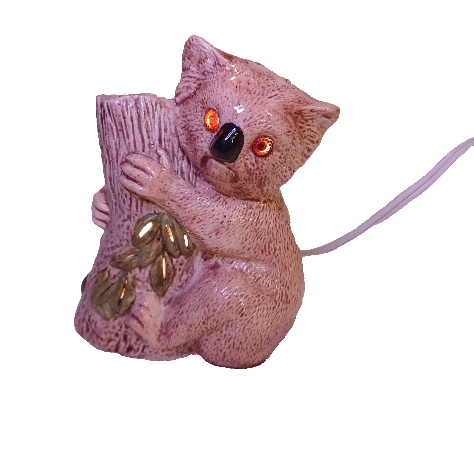 Ceramic Koala Bear Night Light Eyes and Leaves Light Up Small Chip Brown Green