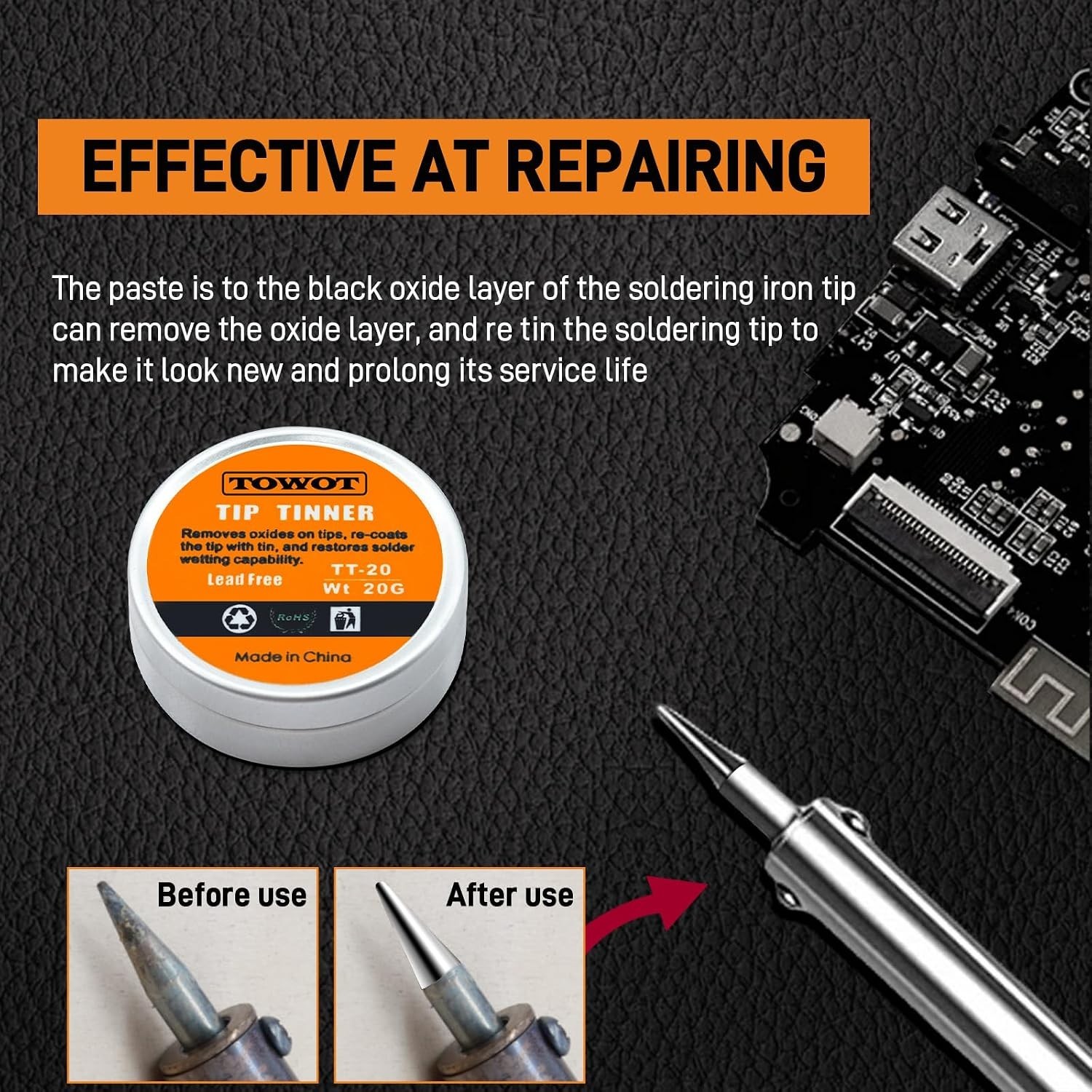 Tip Tinner for Electronics Soldering, Iron Tip and Re-Tinning Solution, Removes