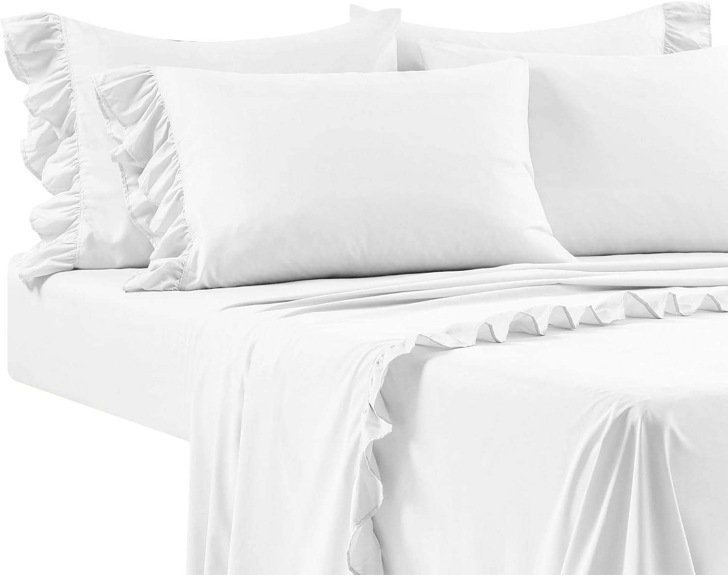 Reyna Ruffle Sheet Set 6 Piece Set Queen, White -Queen Sheets - White Bed Sheets