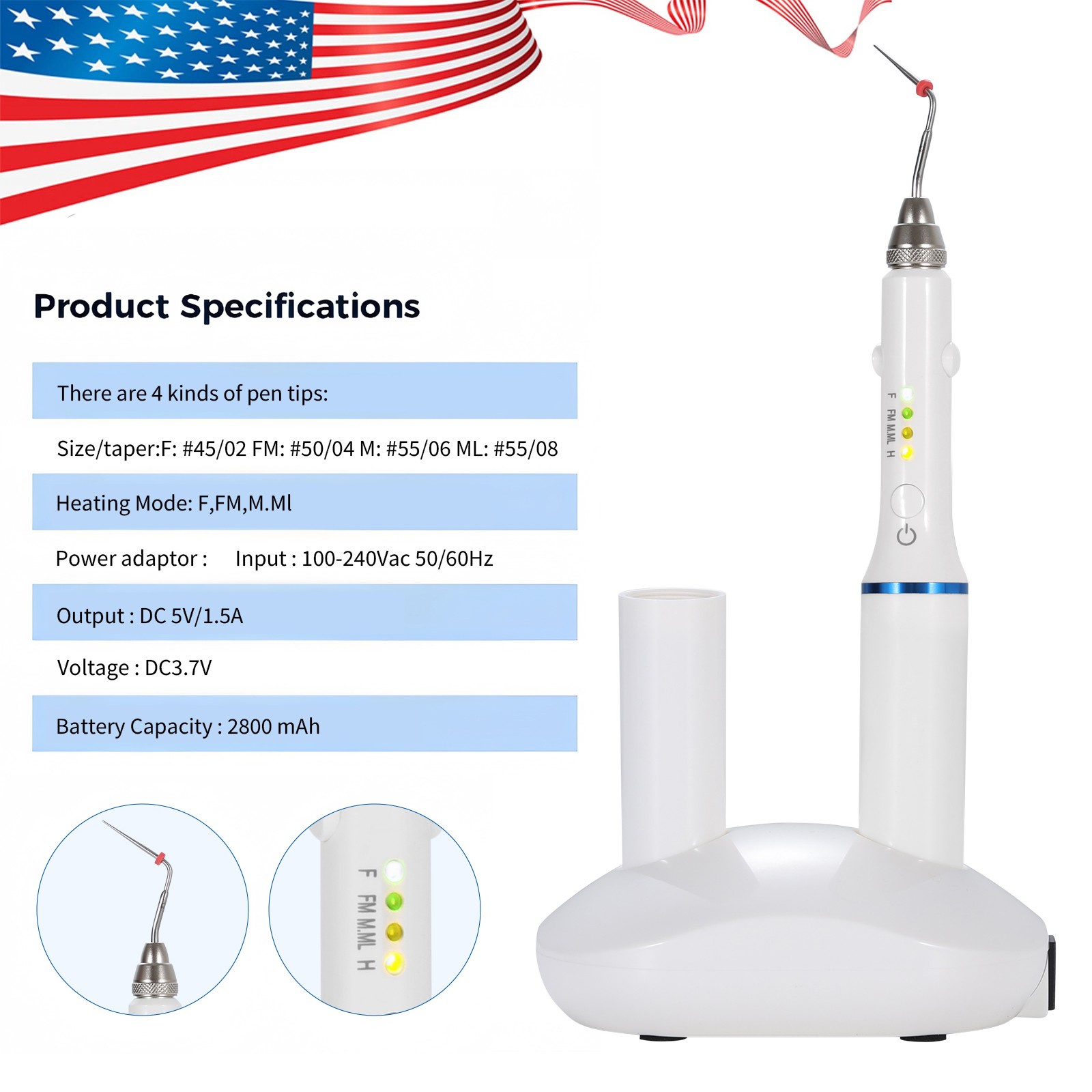 Dental Gutta Percha Obturation Pen 2S Heating Double Charging w/ 4 Endo Tips
