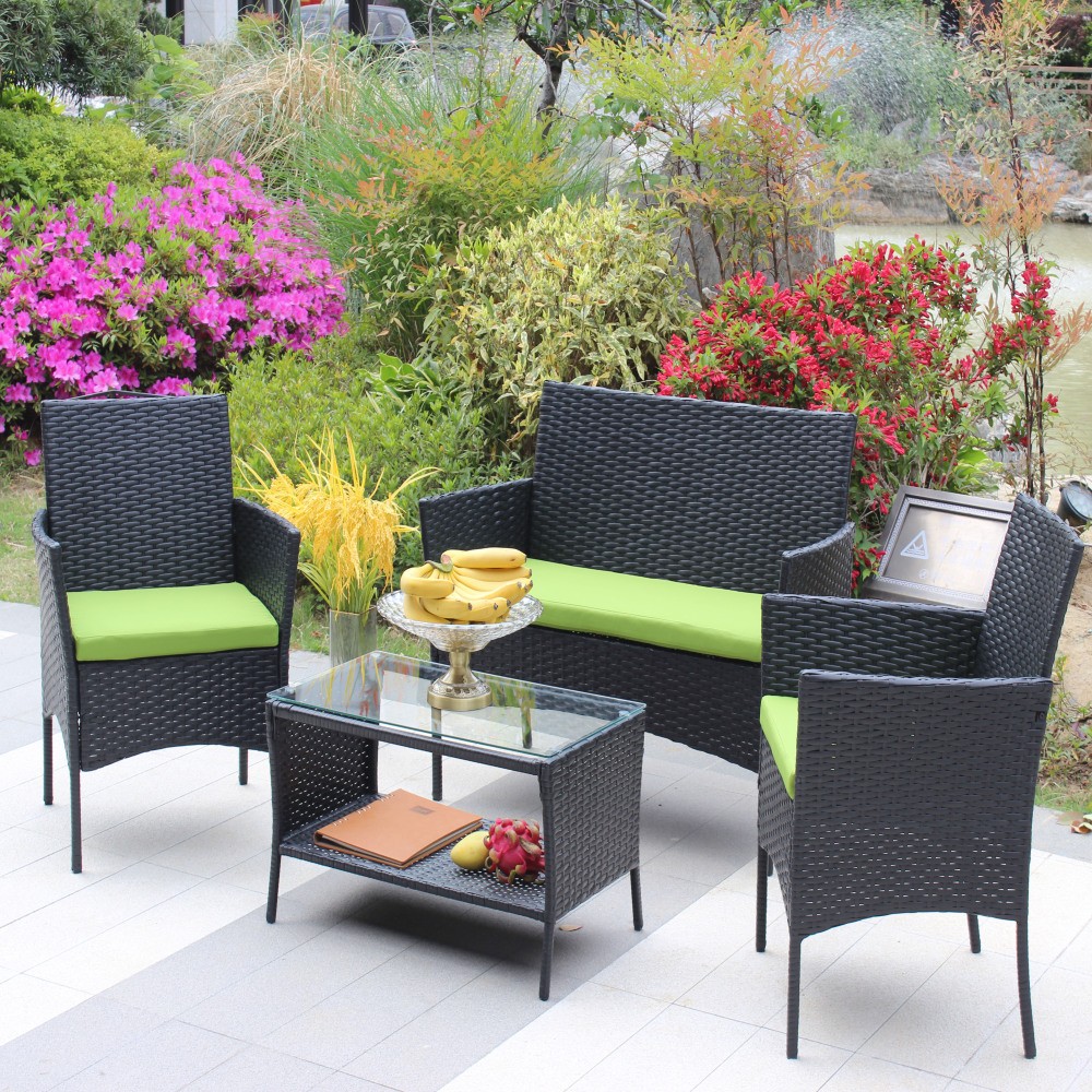 4-Piece Rattan Patio Set with Cushions, Green Wicker Sofa Chair & Table