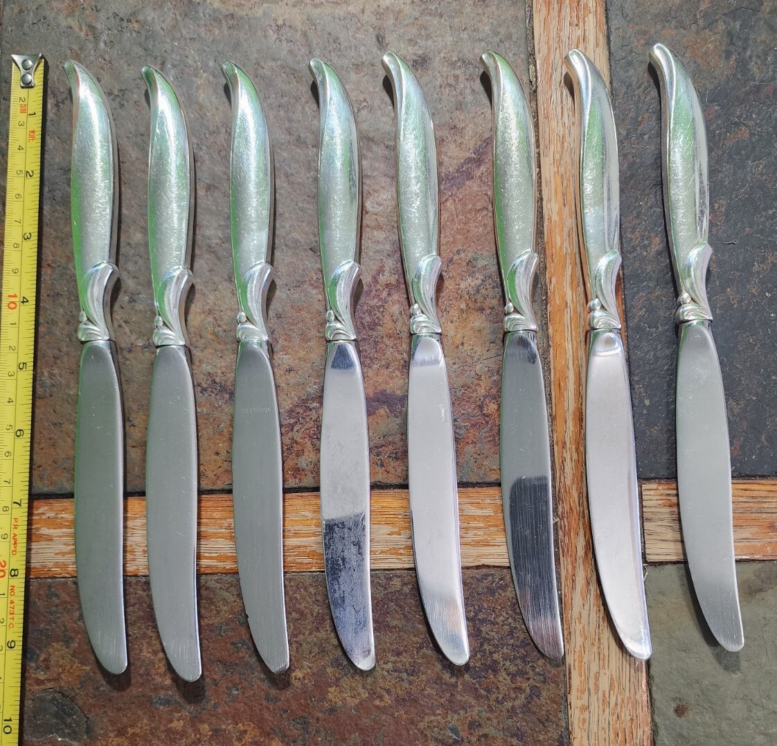 ✅️LOT OF 8 MID-CENTURY c1956 FLAIR"9 1/2"SILVERPLATE MODERN HOLLOW PLACE KNIVES