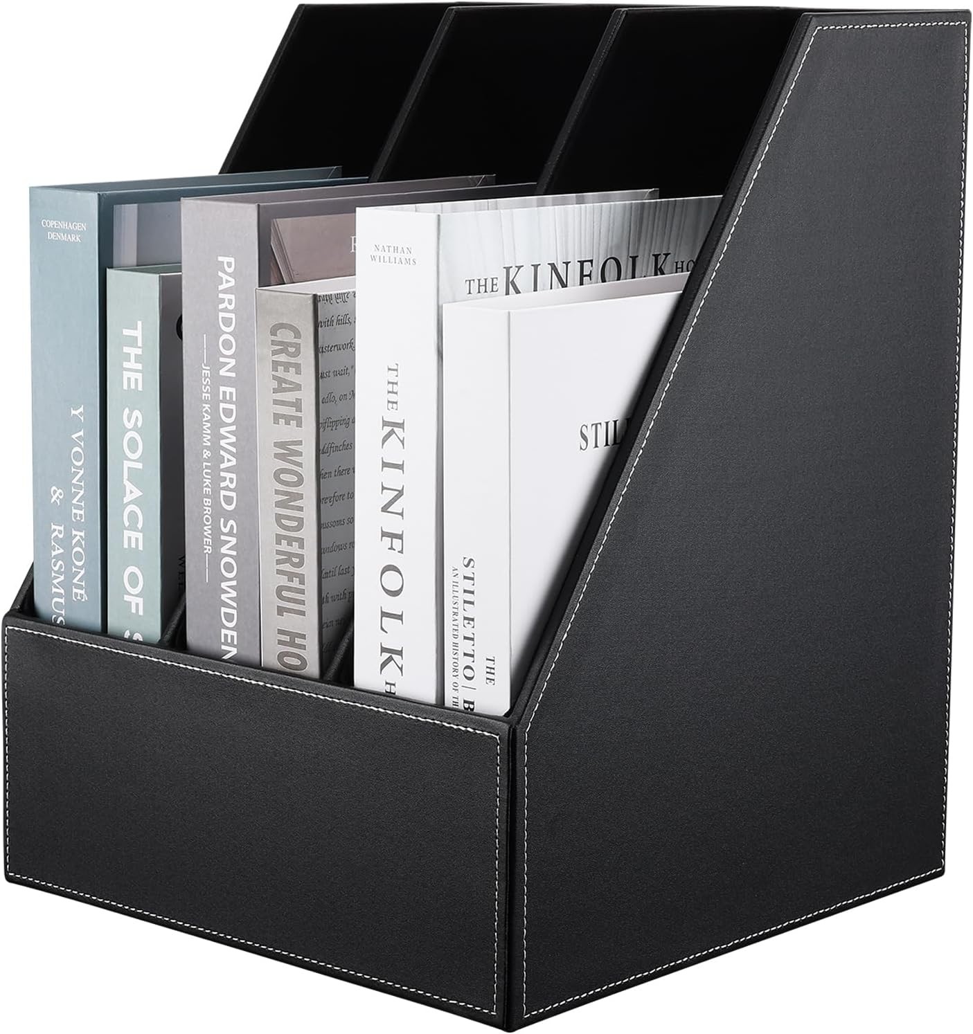 KINGFOM Desktop Wooden Leatherette Magazine File Holder 3 Compartment BLACK