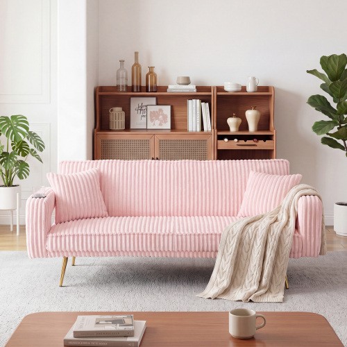 74.01 inch straight corduroy sofa bed with pillows, adjustable in three levels