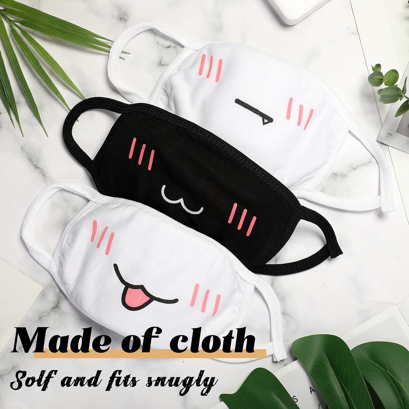 10Pcs Cute Face Mask - Black & White, Reusable Washable Cotton, for Adult Teens
