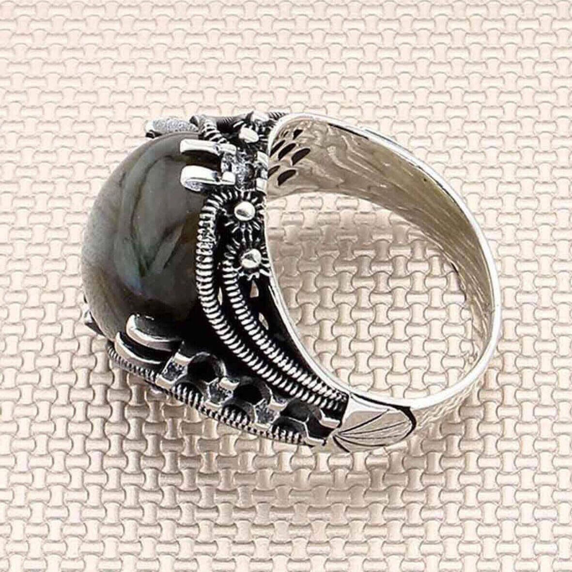 Solid 925 Sterling Silver Natural Labradorite Stone Men's Ring