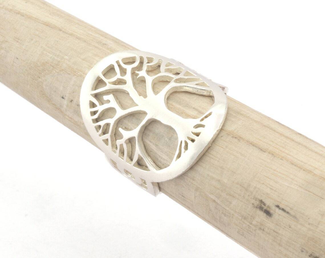 Tree oval statement adjustable ring Shiny Silver Plated brass 5-8US size 4339
