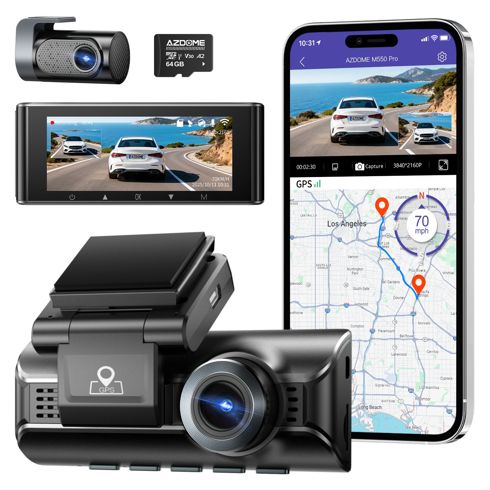 AZDOME Dual Dash Cam 4K+2.5K5GWiFi GPS Dash Camera Recorder Parking Mode 64GB SD