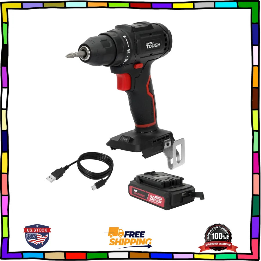 Hyper Tough 20V Brushless Cordless Drill with 1.5Ah Battery and USB-C Cable
