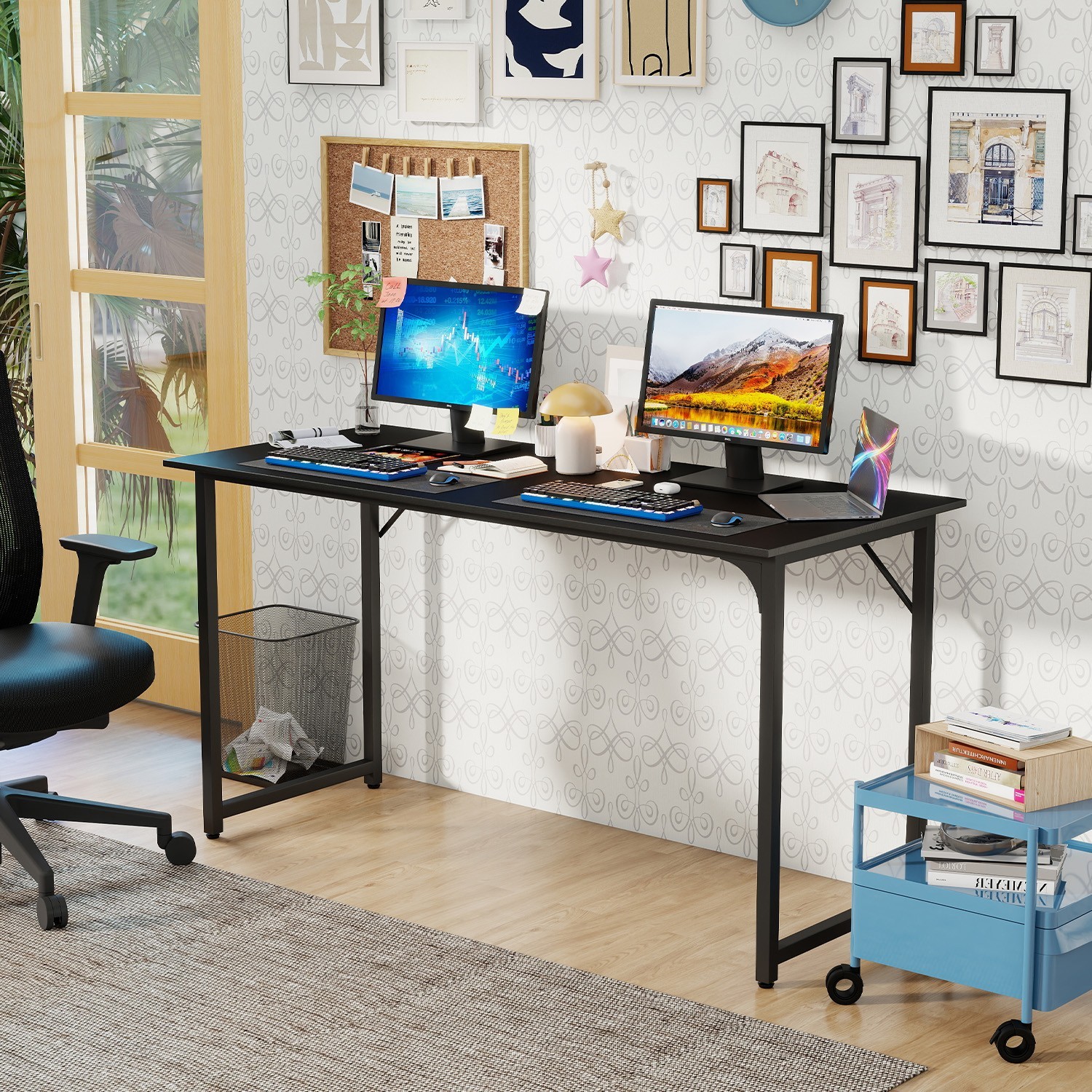 55 Inch Computer Desk Black Office Desk with Metal Frame, Scratchproof Surface