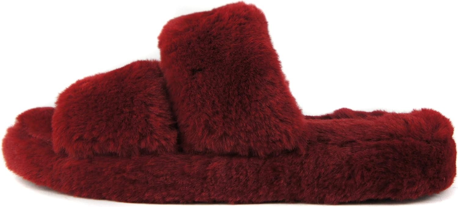 Women’s Wine Faux Fur Slide Slippers Cozy Soft Open Toe House Sandals Soda Corse