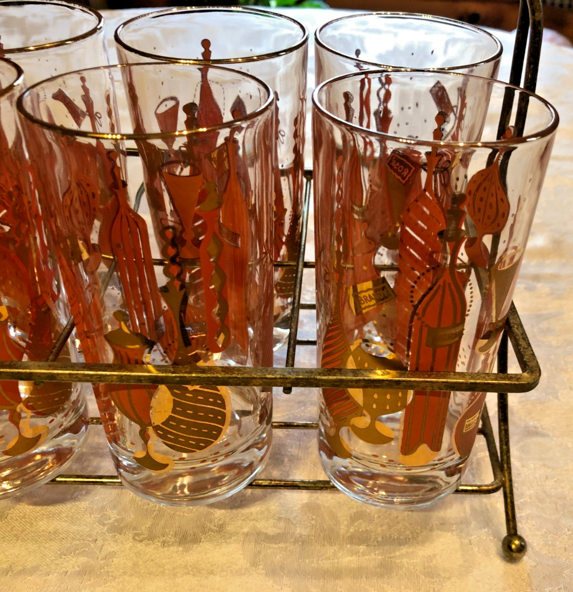 Gay Fad Bordeaux Barware Highball Cocktail Glasses Vintage Set 8 Carrier Caddy