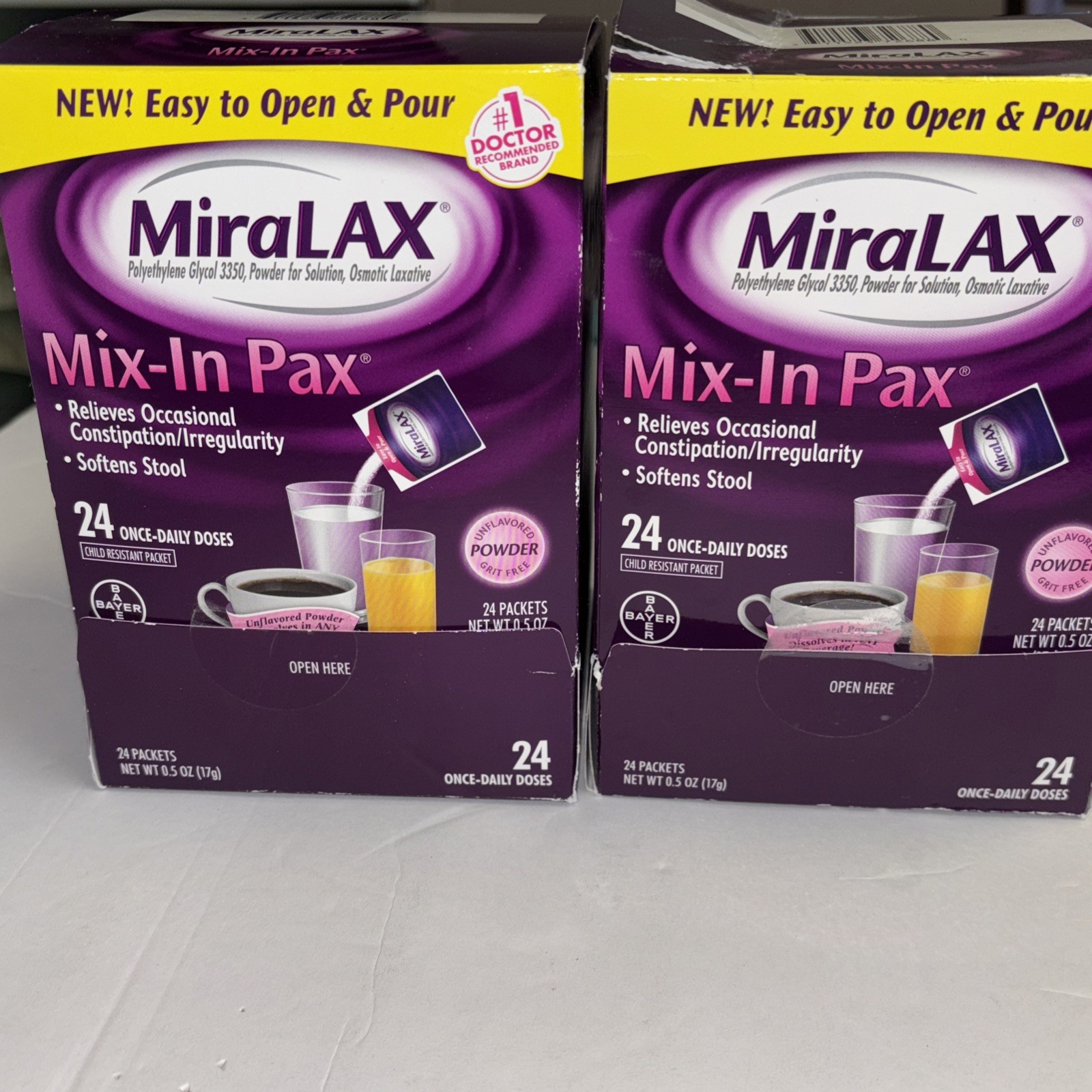 Lot Of 2 Miralax Single Mix-In Pax Laxative Dose 24 Packets Exp 11/26 & 1/27