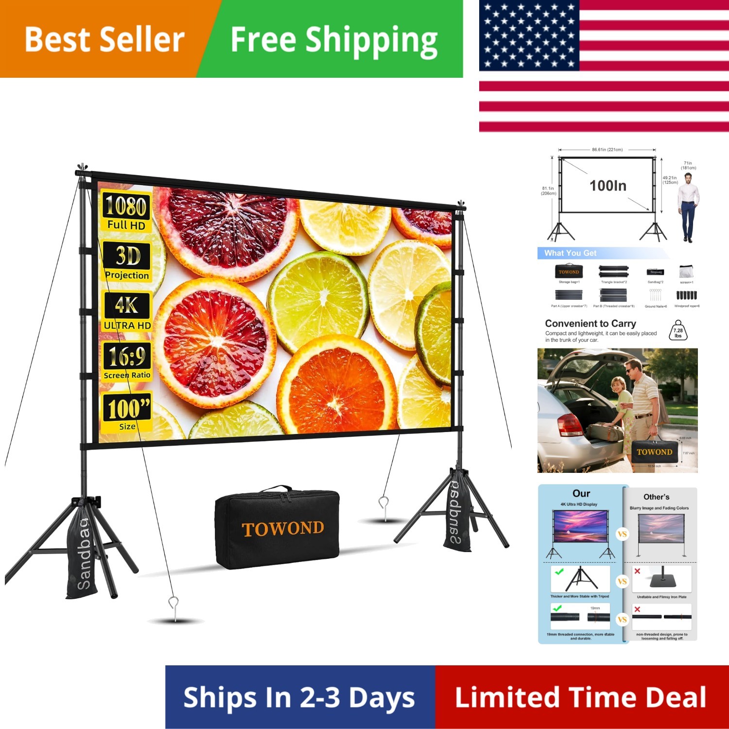 Outdoor Projector Screen with Stand, Portable Movie Screen, 16:9 HD Foldable ...