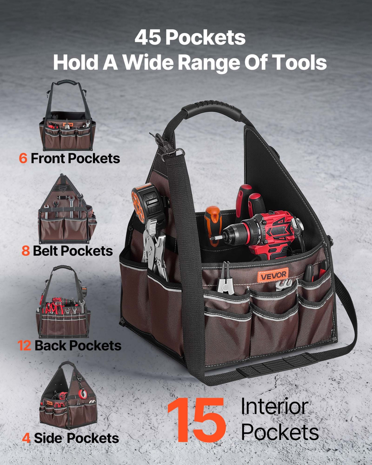13" Tool Bag 45 Pocket Open Top Tool Tote Organizer w/ Shoulder Strap