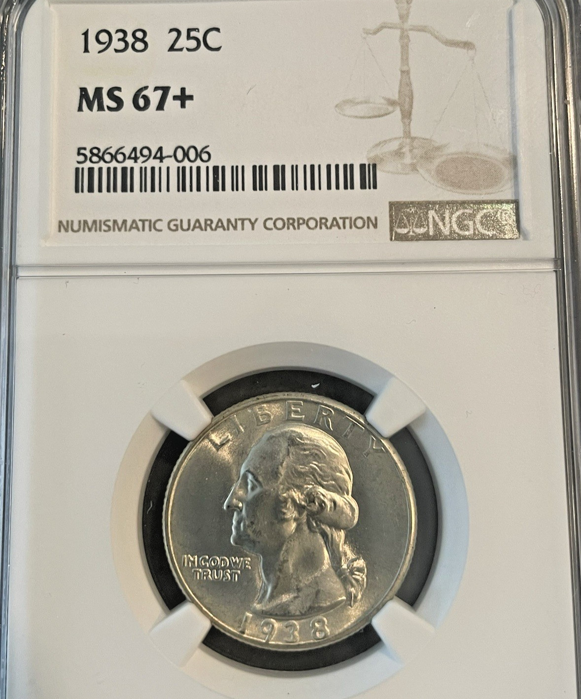 1938 Washington Quarter in MS67+