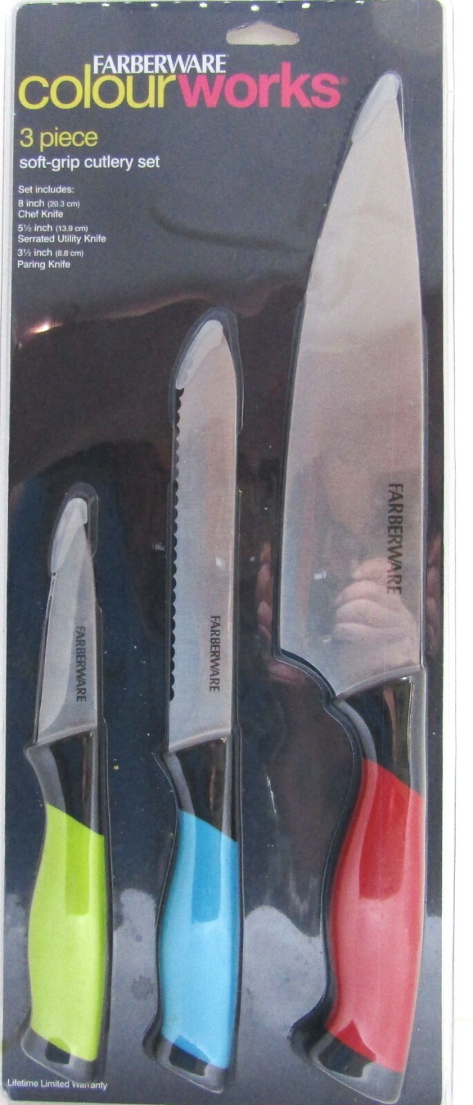 Farberware Colourworks 3-Piece Multi Color Soft Grip CHEF KNIFE SET Kitchen NEW