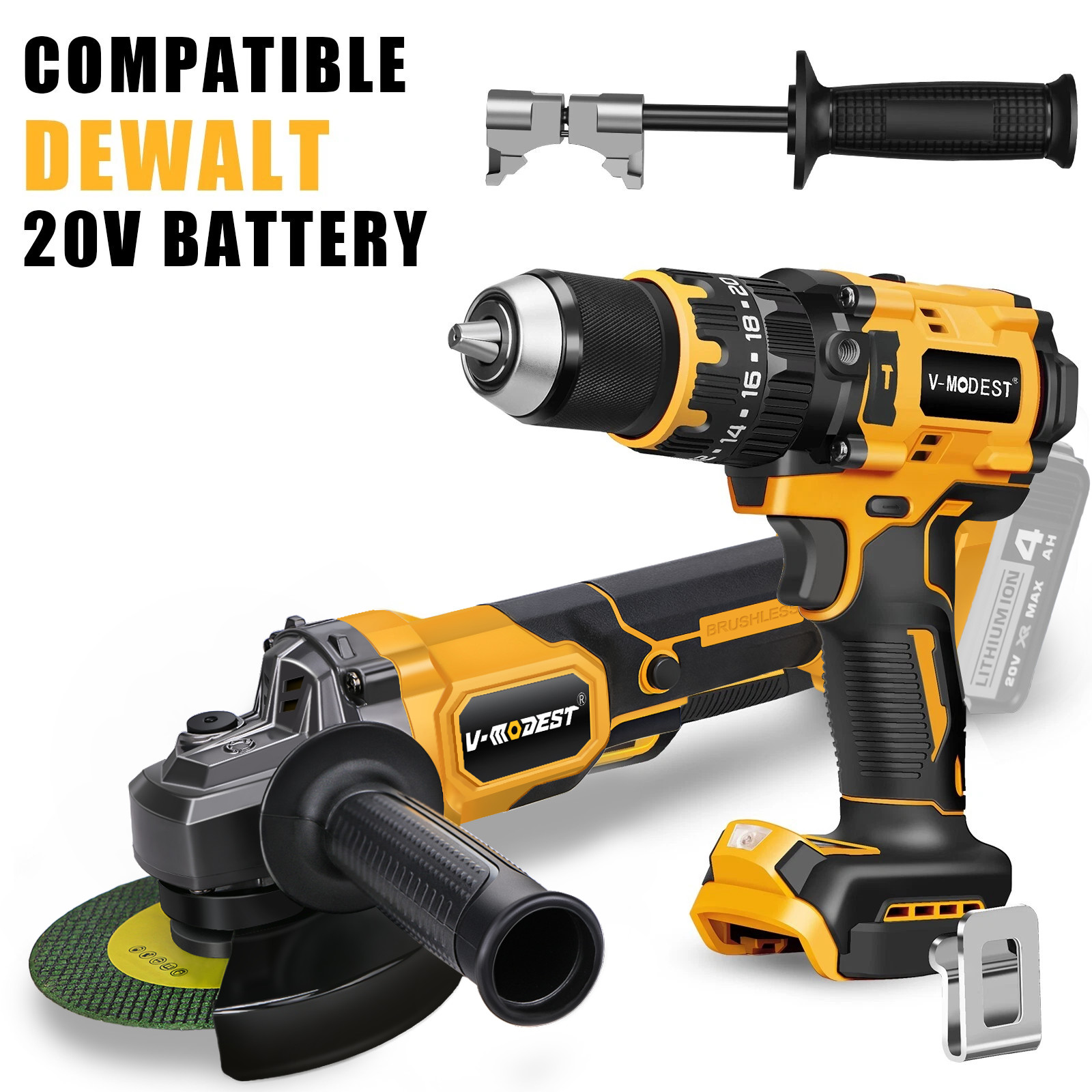 5" Cordless Angle Grinder / 1/2" Hammer Drill Compatible Dewalt 20V MAX Battery