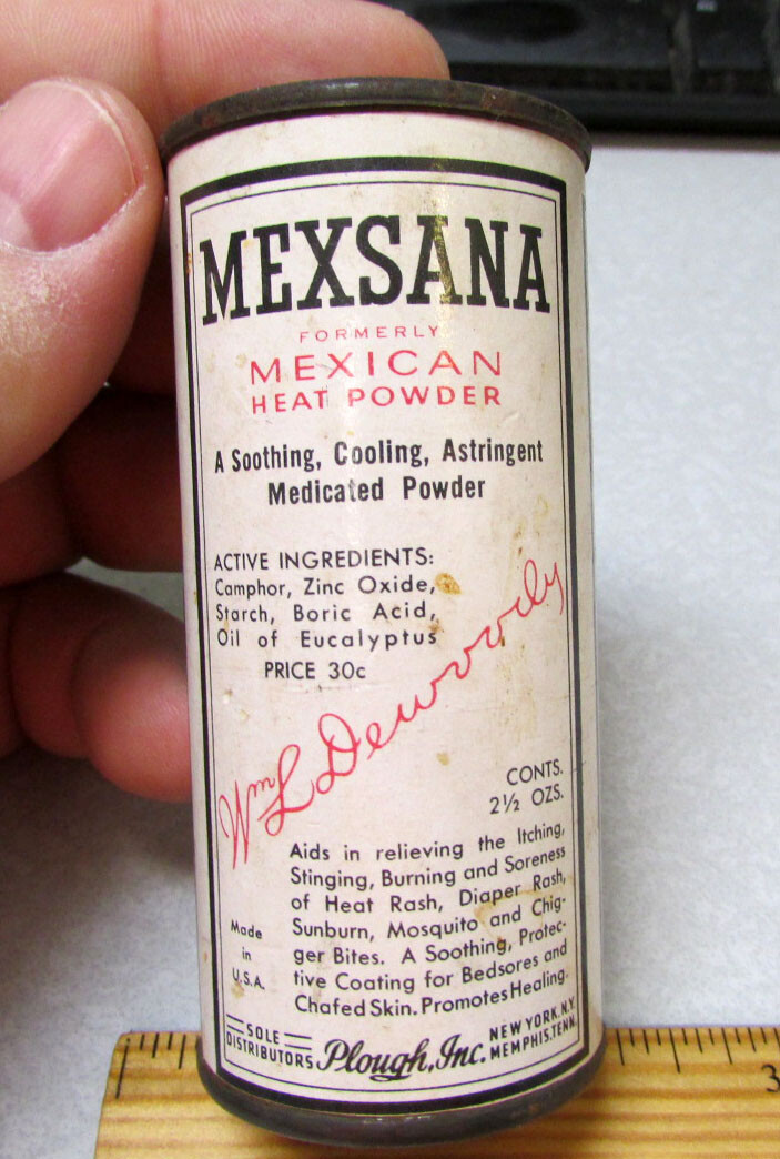 Vintage Mexsana Formerly Mexican heat powder container, Plough Inc, NY Memphis