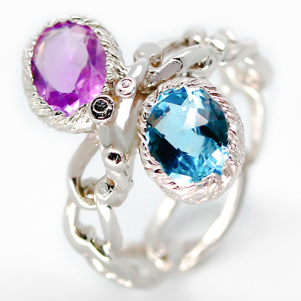 925 Sterling Silver one of a kind Ring Natural Blue Topaz and Amethsyt / RVS25