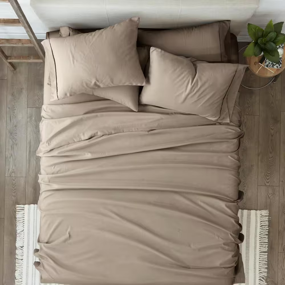 6-Piece Taupe Solid Microfiber King Sheet Set Free Shipping New