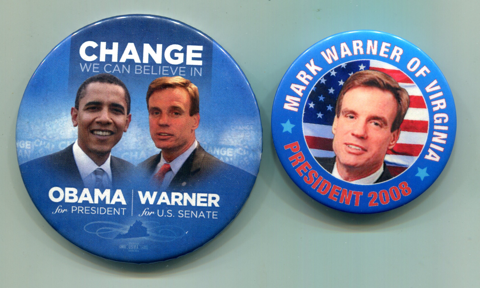 2008 Warner and Obama, Warner Virginia, 2 Pinback Buttons