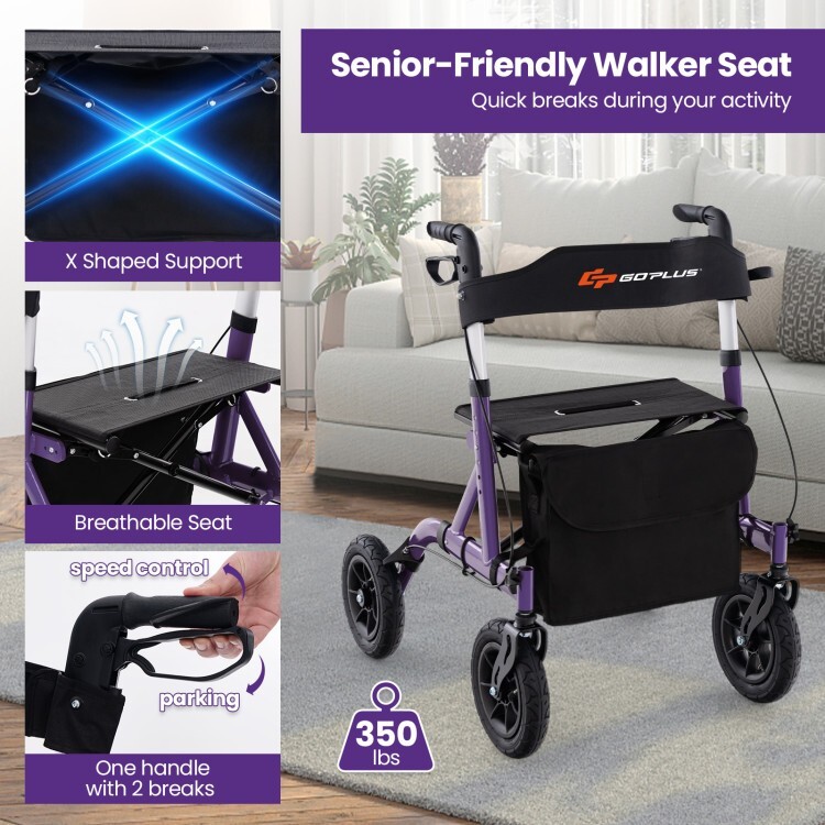 6 Level Adjustable Portable Foldable Senior Rollator Walker w/ Comfortable Seat