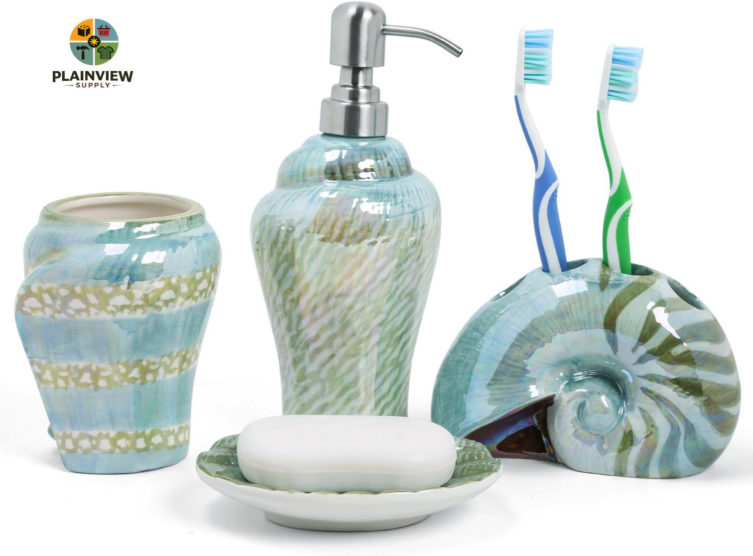 Ocean Conch Sea Shell Ceramic Bathroom Accessories Set of 4,1 Gargle Cups 1 Toot