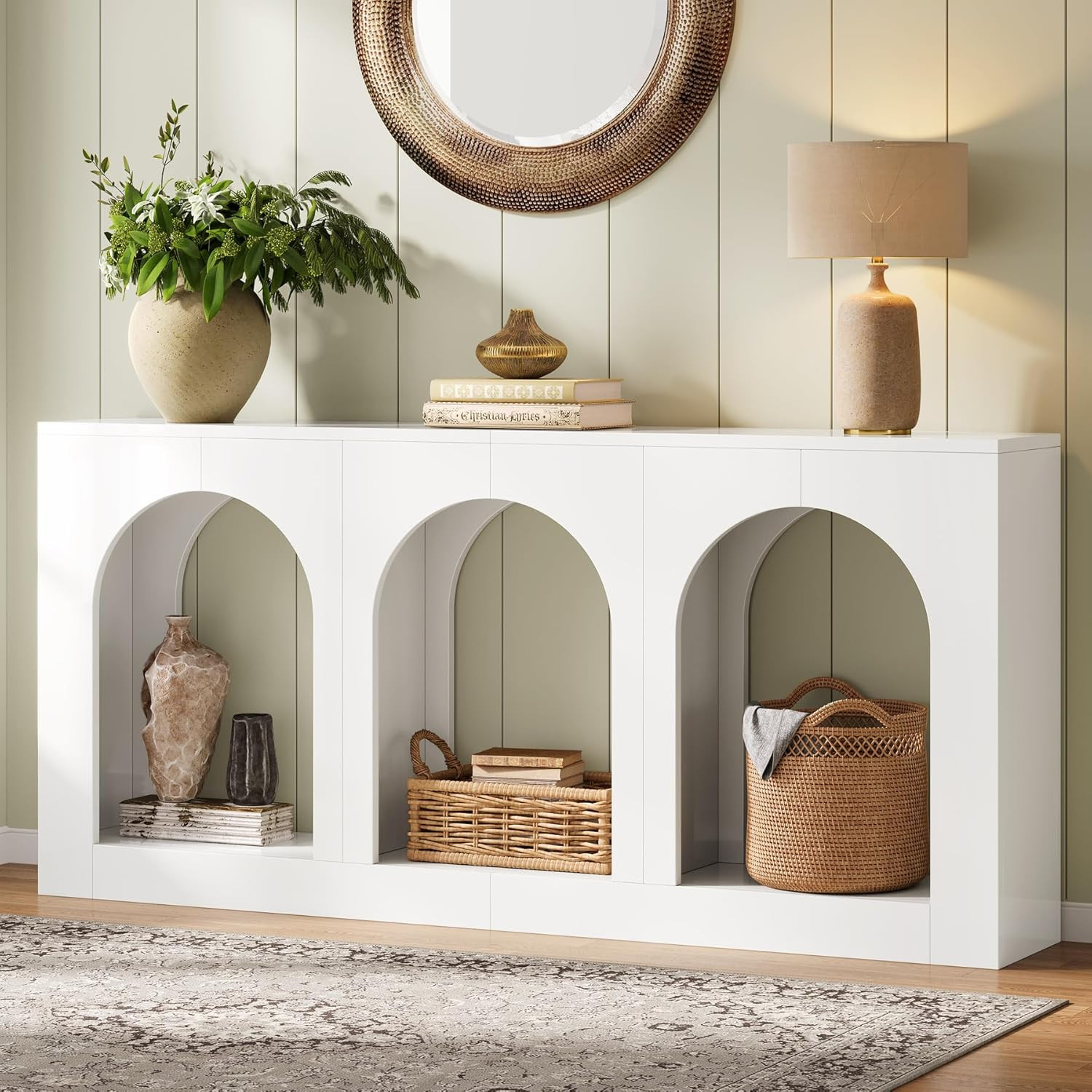 Elegant 70.9" White Console Table with 3 Arched Shelves for Any Room