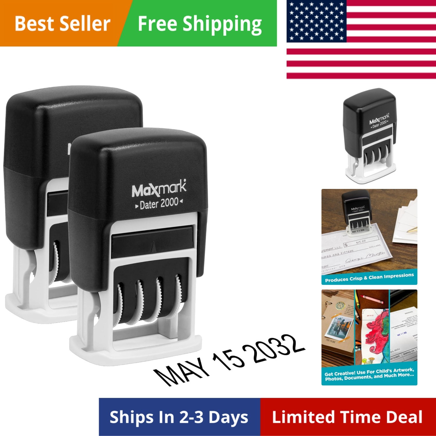 2000 Dater Self Inking Date Stamp - Black - Pack of 2