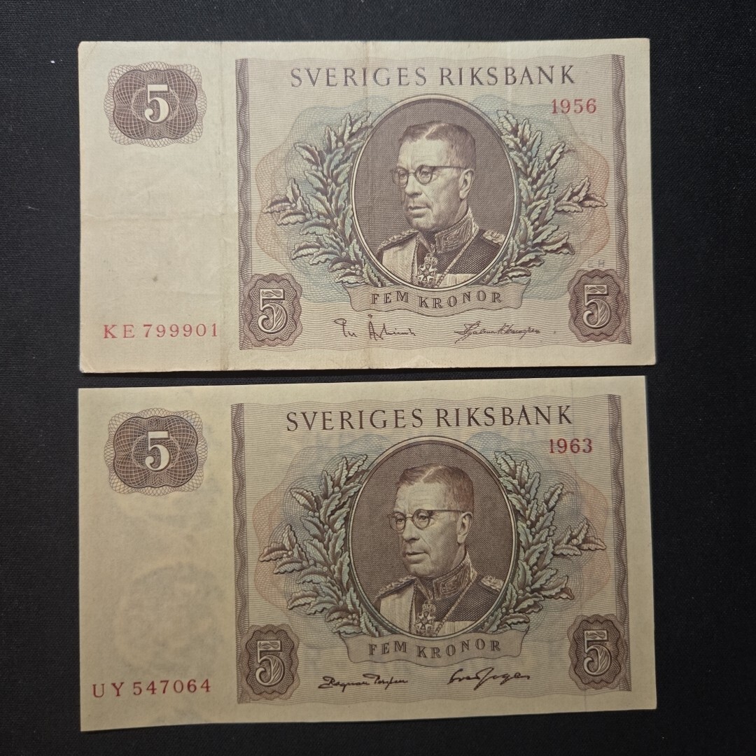 2 Banknotes - Sweden 5 Kronor 1956 (Circulated) & 1963 (UNCIRCULATED)