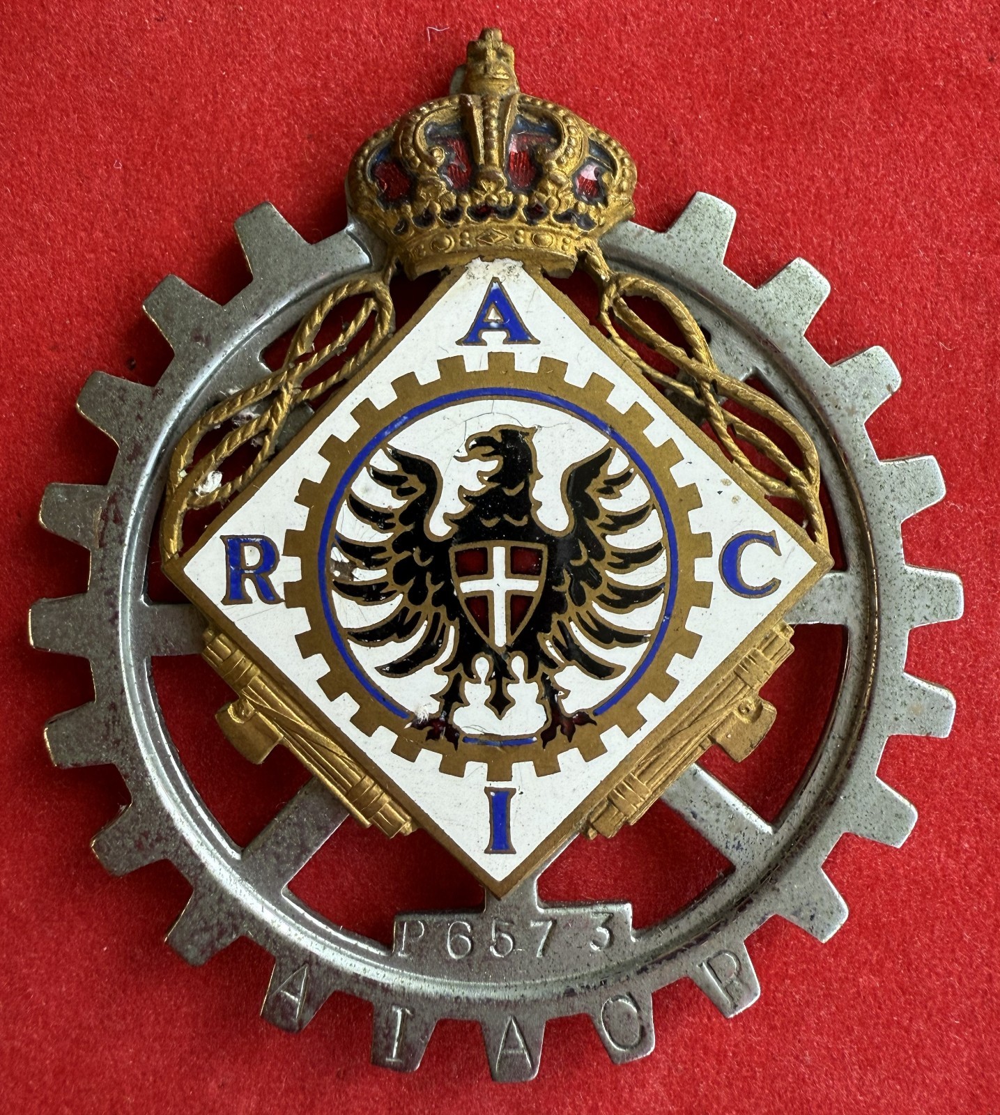 R.A.C.I. , large radiator plate in gold metal and enamels, automobile
