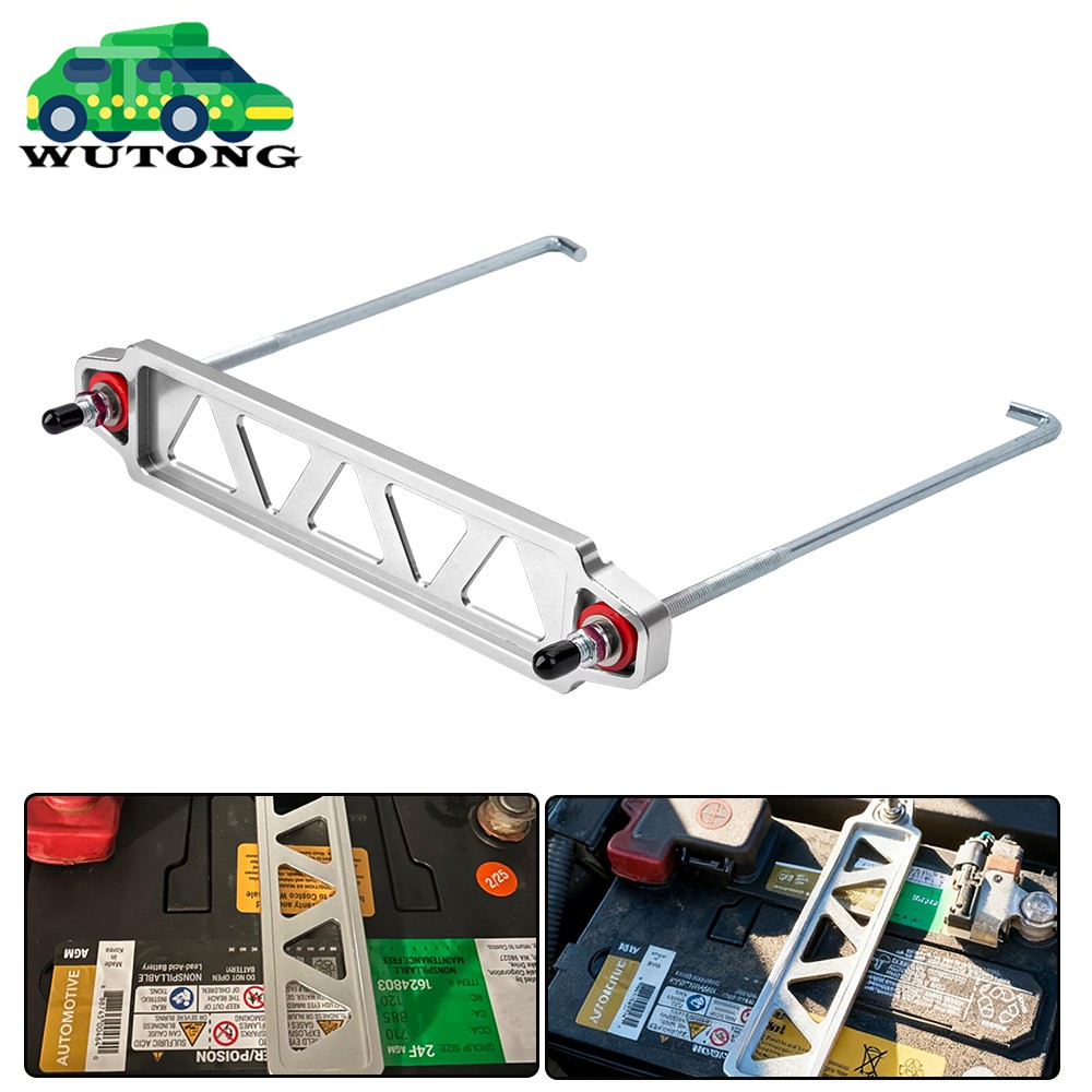 Silver Aluminum Car Battery Hold Tie Down Bracket Mount Kit + 10'' J-Hooks Bolts