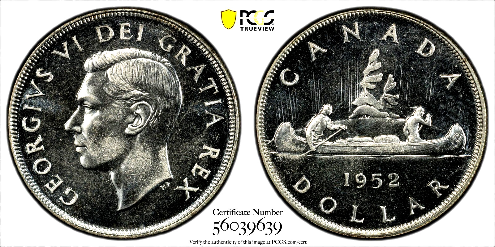 Canada 1952 No Water Lines NWL $1 Silver Dollar PCGS PL65
